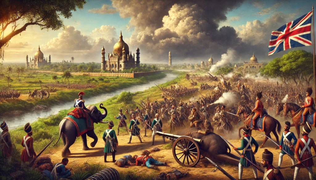Painting of the Battle of Plassey in 1757, with British forces led by Robert Clive defeating Nawab Siraj-ud-Daulah's army.