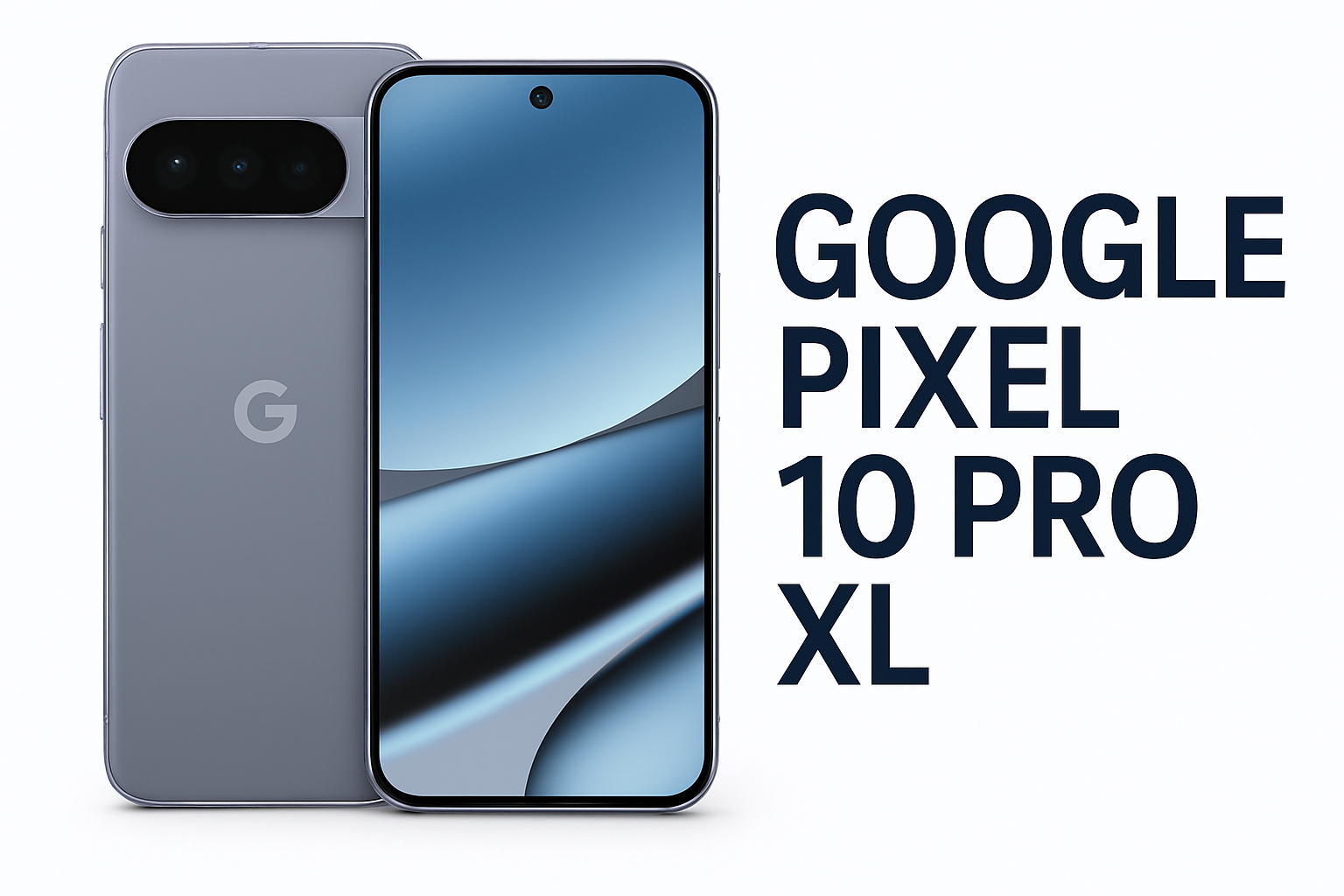 Google Pixel 10 Pro XL front and back on blue gradient background showing large display and rear triple-camera module.