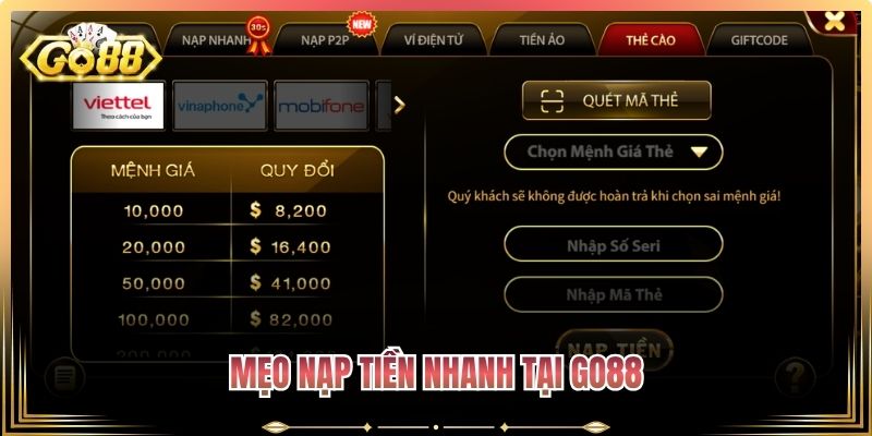 Mẹo nạp tiền nhanh tại Go88