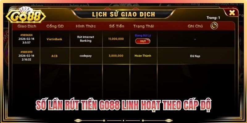 Rút Tiền Go88 – Hướng Dẫn Chi Tiết & Mẹo Duyệt Lệnh Nhanh 2 Số lần rút tiền Go88 linh hoạt theo cấp độ